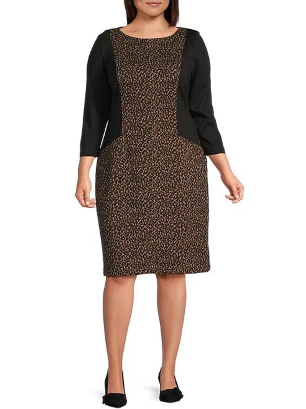 Kasper 22W Knit Jacquard Leopard Print Boat Neck 3/4 Sleeve Sheath Dress